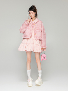 小香风薄款花呢粉色套装春季气质高级感格纹短外套半身裙两件套