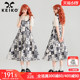 KEIKO 新中式假两件式衬衫连衣裙24夏季法式古典印花气质缎面长裙