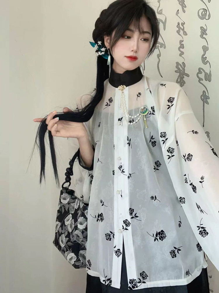 十里七巷 雾中玫瑰 植绒立领对襟琵琶短衫弓袋袖明制日常上衣