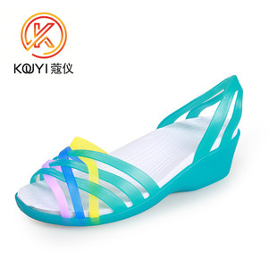 果冻凉鞋女夏天韩版彩色透明塑料坡跟鱼嘴罗马鞋室外穿沙滩洞洞鞋