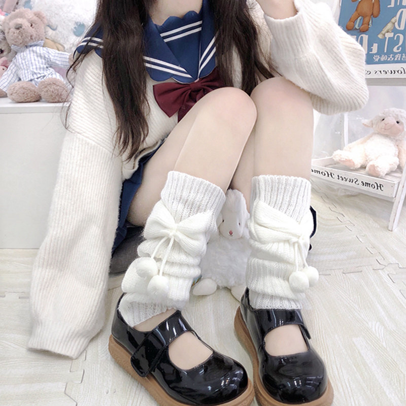 秋冬保暖蝴蝶结袜套女lolita甜美可爱腿套日系jk纯色毛球堆堆