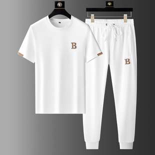跑步运动服夏季套装男速干白色T恤黑色休闲裤子新款潮牌中年男装