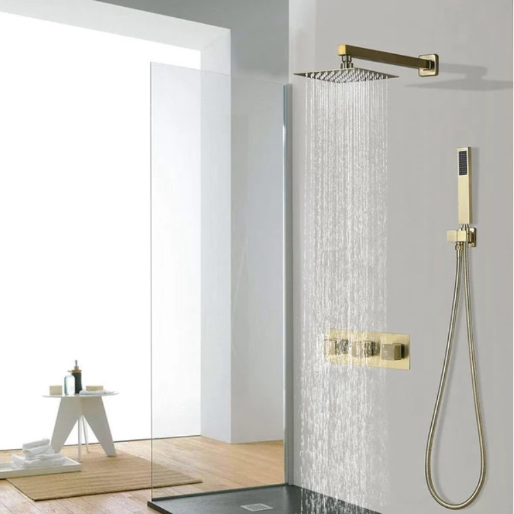 出口德国卫浴暗装淋浴花洒套装全铜方形拉丝金卫生间入墙式淋浴器