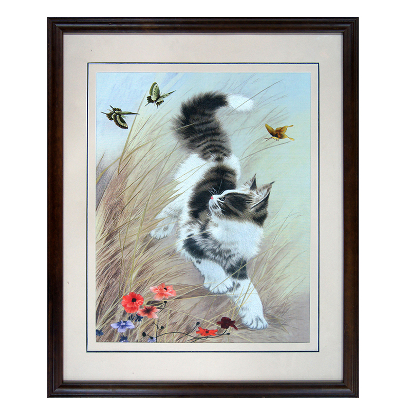 苏绣 单面绣 装饰画 动物a0725《猫戏蝶》