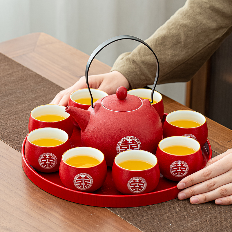陶瓷茶具茶壶茶杯茶盘中式红色路宝提梁茶具结婚庆喜字茶壶敬茶杯