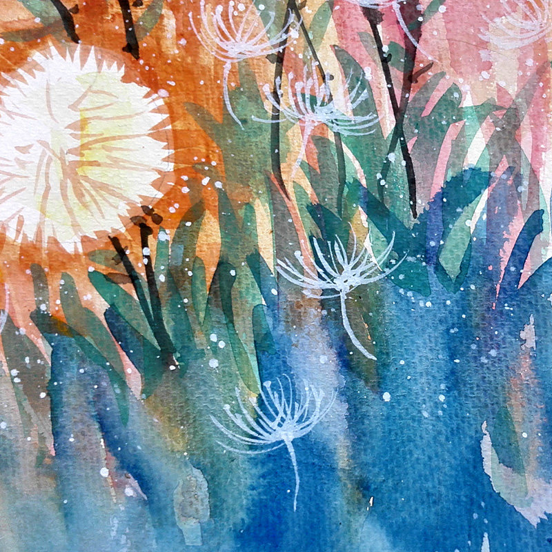 梁军《蒲公英》纸本水彩绘画