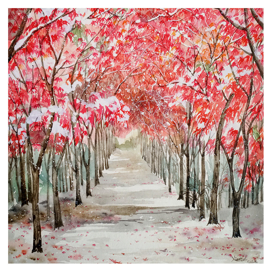 吴小慧《红枫》水彩画┃画框装裱