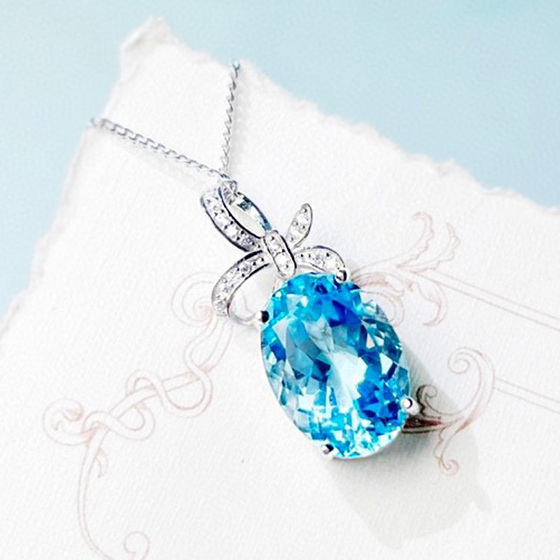 9克拉原创设计海蓝宝石色天然托帕石吊坠s925银9克拉鸽子蛋项链女