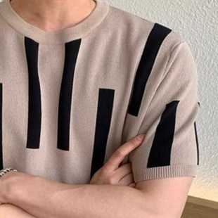 韩版2024夏季新款质感条纹色块圆领短袖针织T恤潮牌男休闲合体帅