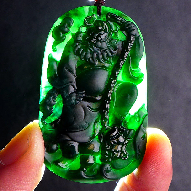 【墨翠钟馗】高端正品a货翡翠钟馗吊坠35.97g(连绳重)