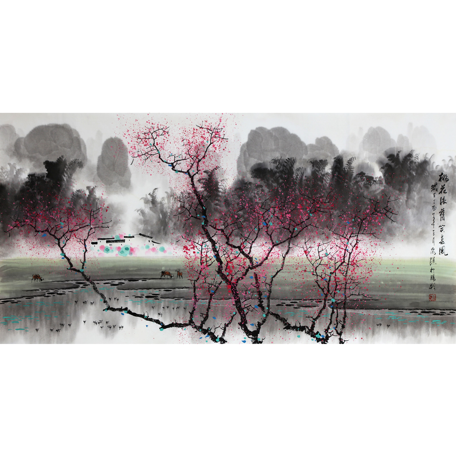 张泉踪《桃花依旧笑春风》彩墨漓江山水画创始人 墨华斋6950