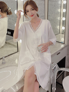 2024年新款夏季冰丝高级感性感睡衣花边白色衬衫睡裙女休闲家居服