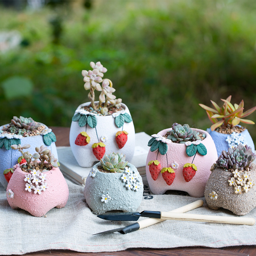 有点甜|韩式手捏立体草莓邹菊创意多肉花盆粗陶透气植物花盆