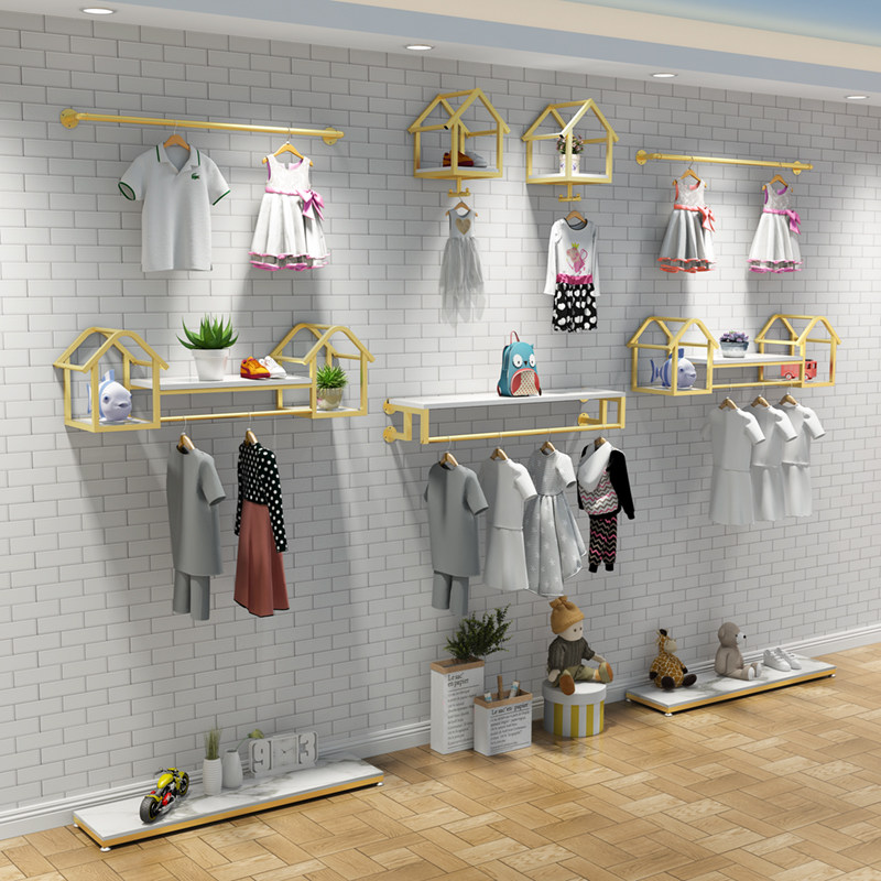 新品金色童装店展示架落地式儿童服装店货架上墙壁挂式衣架陈列架