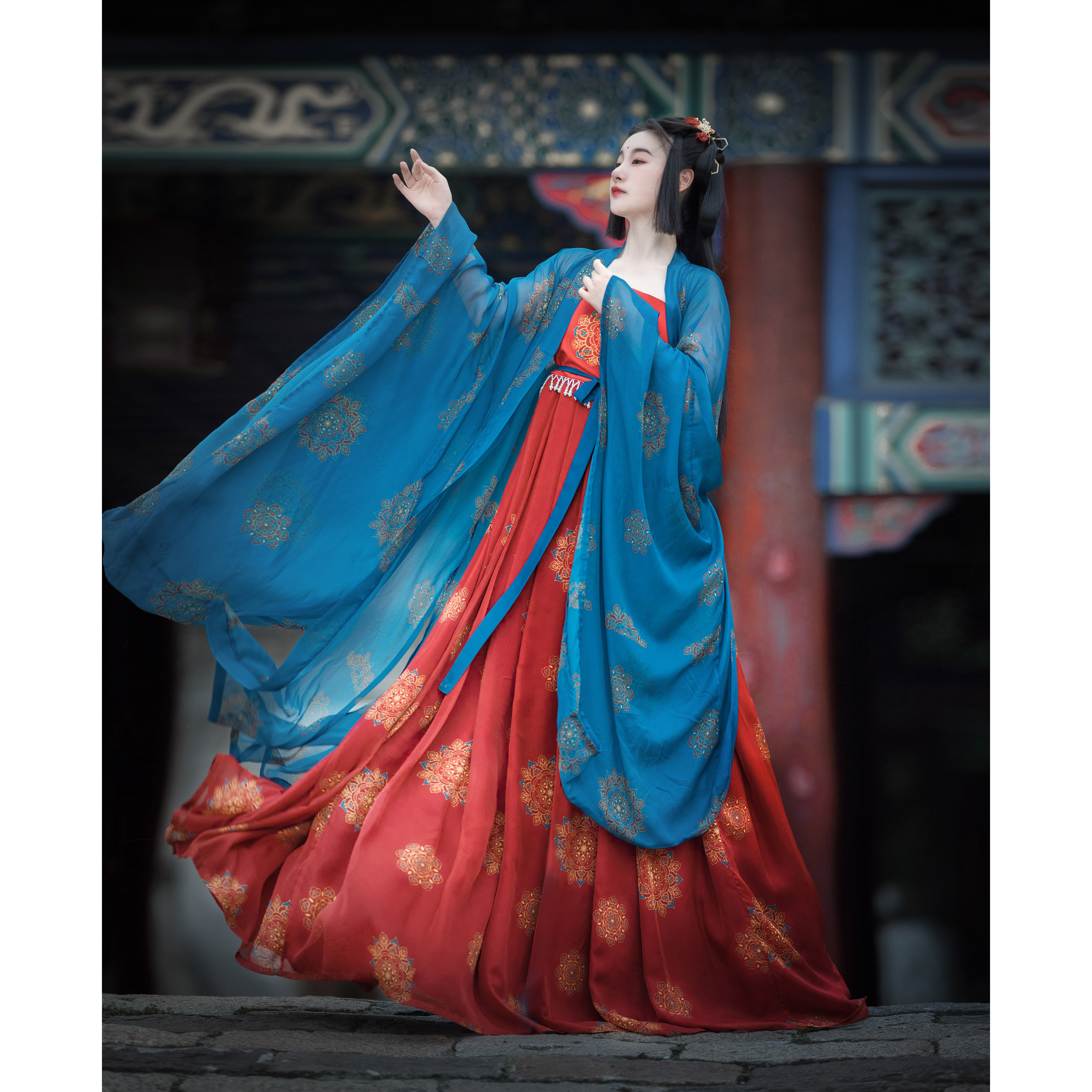 黛玉唐制汉服仿仕女图夏季唐风印花诃子裙大袖衫披帛全套原创