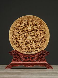 太行崖柏木雕九龙戏珠摆件实木客厅装饰盘子小叶黄杨木雕刻工艺品