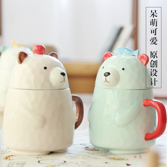 木木熊 创意可爱卡通陶瓷马克杯子带盖带勺喝水杯早餐咖啡牛奶杯