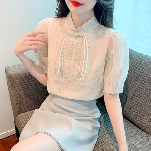 新中式复古盘扣短袖衬衫女士2024夏季新款时尚百搭国风蕾丝雪纺衫
