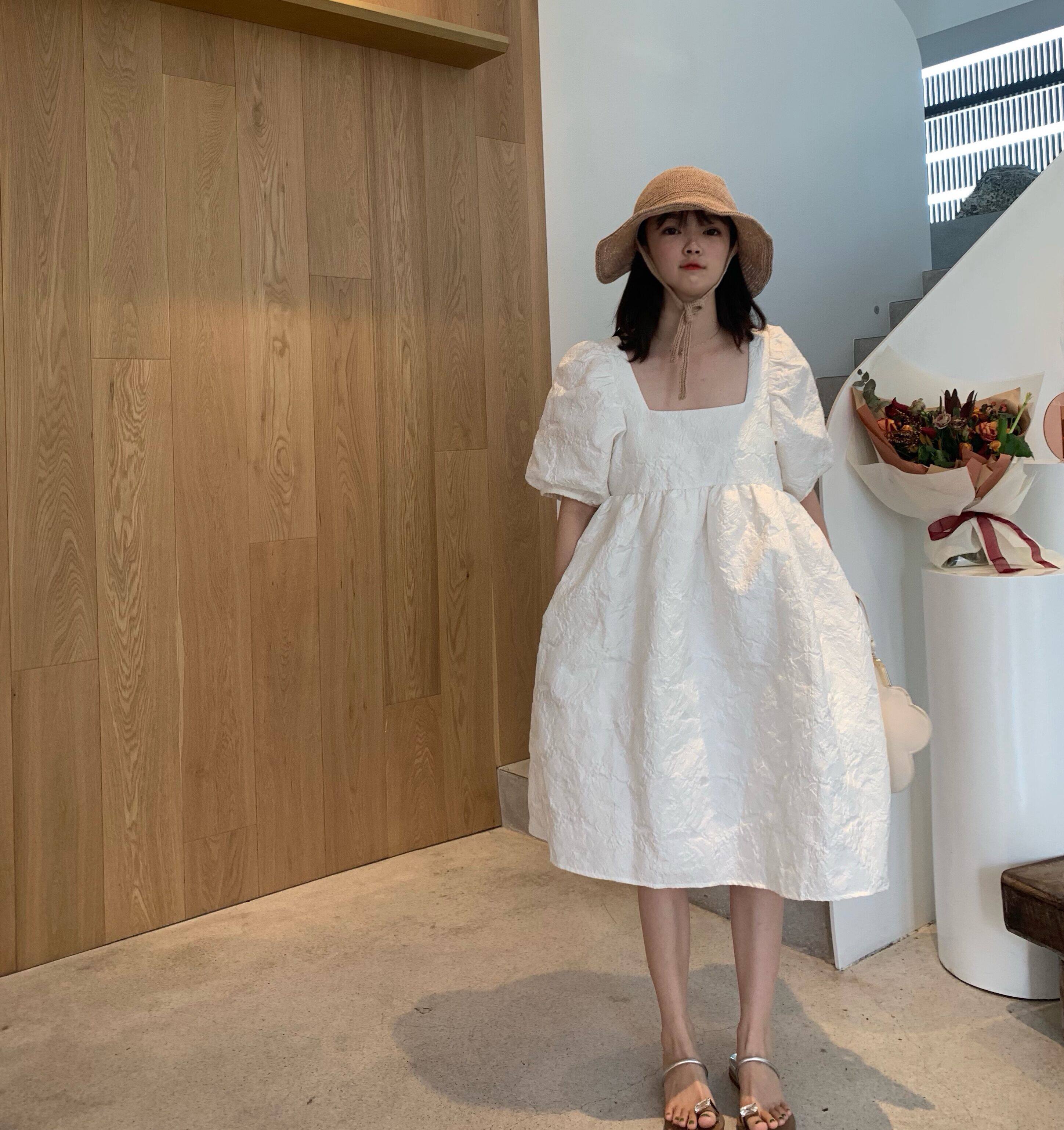 slowmiss泡泡袖连衣裙2020新款夏女法式洋气灯笼袖甜美中长款裙子