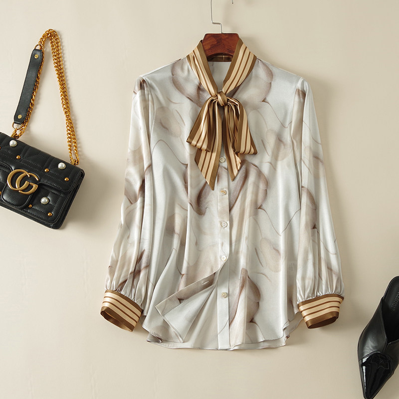 法式优雅复古气质条纹飘带水墨印花显瘦缎面重磅真丝桑蚕丝衬衫女