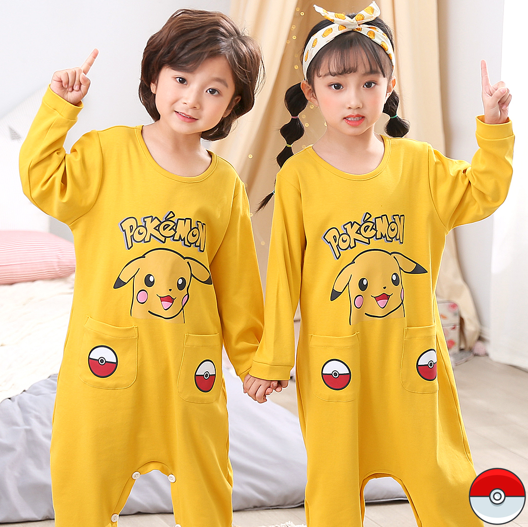皮卡丘睡衣儿童防踢春秋纯棉连体卡通动漫长袖可爱超萌男女童套装