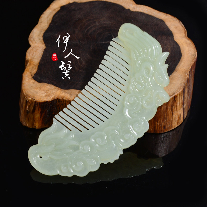 天然岫玉 玉石梳子 精雕玉龙 生肖龙玉梳子 送朋友礼物 高档玉器
