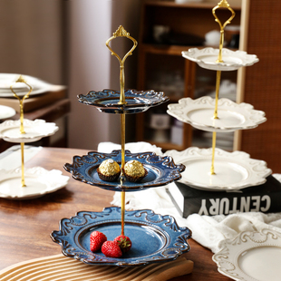 宫廷风陶瓷多层蛋糕点心架法式浮雕托盘客厅三层水果零食甜品摆台