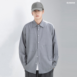 「GAHA」原创高级质感灰色抗皱长袖衬衫男不对称口袋宽松衬衣外套