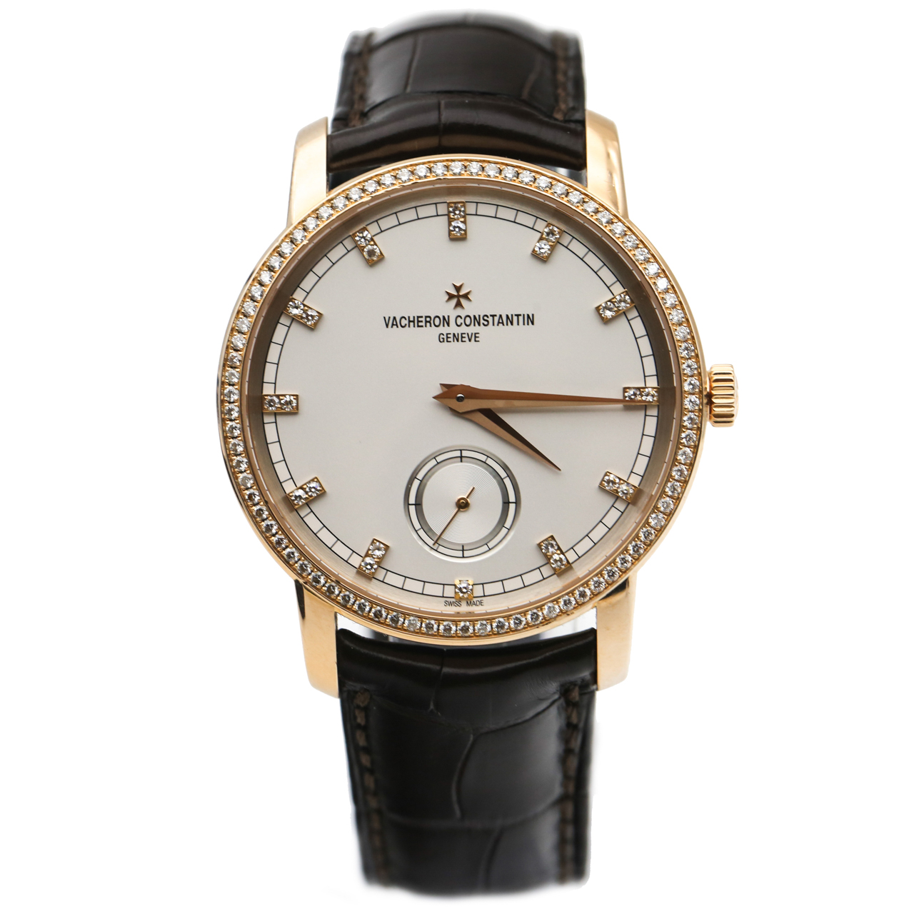 [9.5新]江诗丹顿传承系列18k玫瑰金镶钻手动机械男表