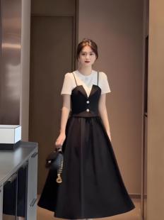 法式赫本女夏新款假两件拼接上衣＋半身裙黑色系减龄洋气气质套装
