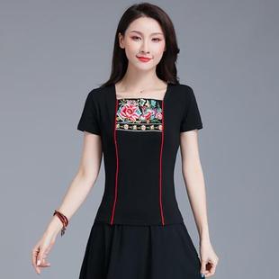中国风夏季时尚复古短袖 个性拼接刺绣花修身大码上衣 针织棉T恤