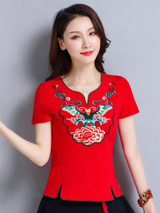 包邮 中国风特色个性女T恤 原创设计V领修身大码上衣 刺绣短袖 棉