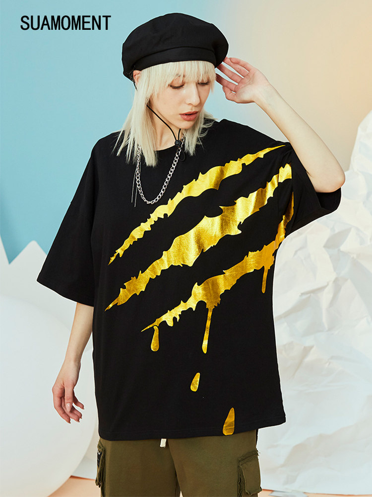 suamoment 血爪痕抓痕腰间徽章短袖国潮牌情侣装宽松休闲半截袖男