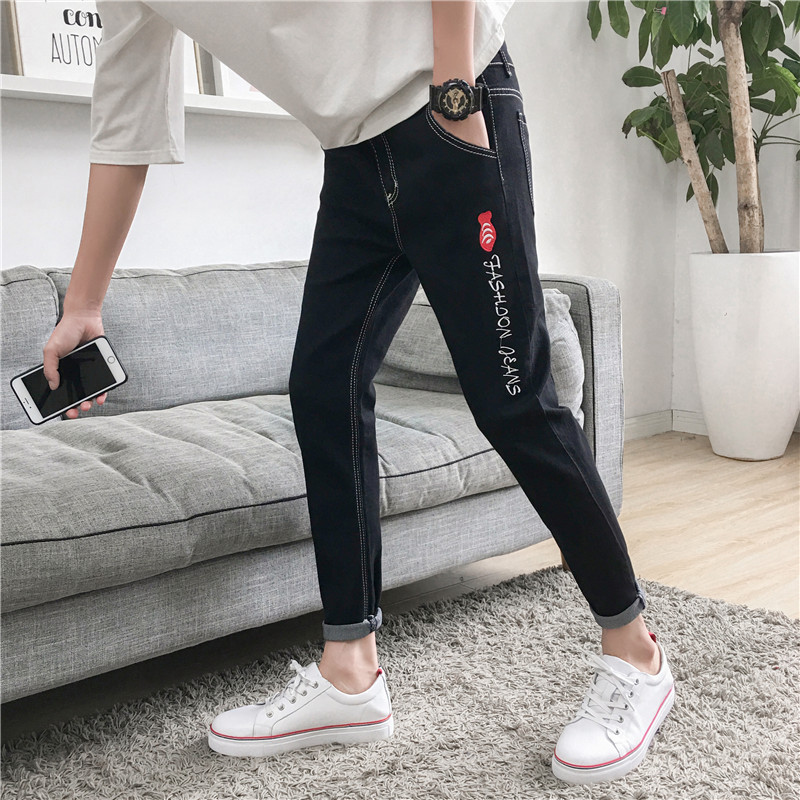 秋季彈力男士牛仔褲男修身小腳褲秋鼕韓版潮流男生黑色休閑長褲子