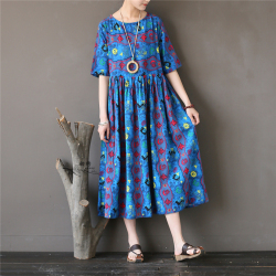 文艺小清新宽松女裙棉麻收腰印花大摆裙修身显