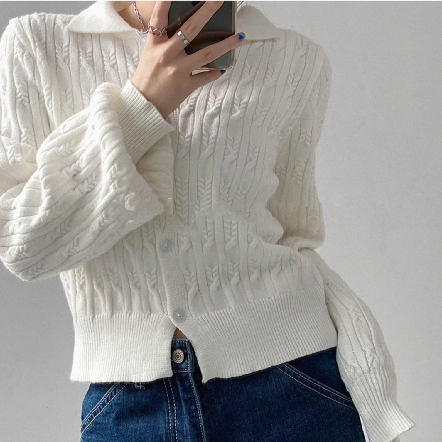 欧美风麻花针织毛衣女秋冬复古翻领polo衫宽松显瘦单排扣长袖上衣