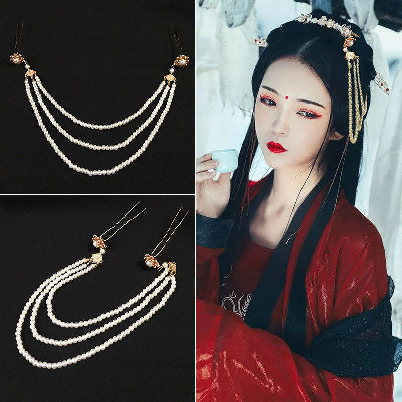 宋风明制古风珍珠发簪三层珠帘汉服仙女头饰流苏额饰围髻妆花发钿