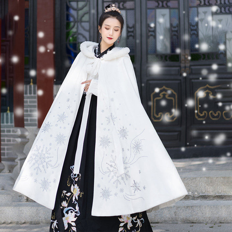 原创汉服双面呢刺绣加绒保暖女斗篷秋冬新款