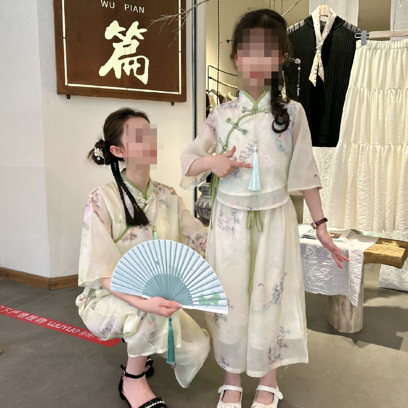 2024夏季新款女童国风汉服套装儿童新中式短袖开衫衬衣阔腿休闲裤