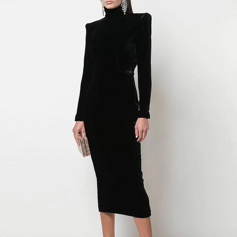 高领宴会晚礼服2021新款中长裙简单大方年会小礼服连衣裙显瘦修身