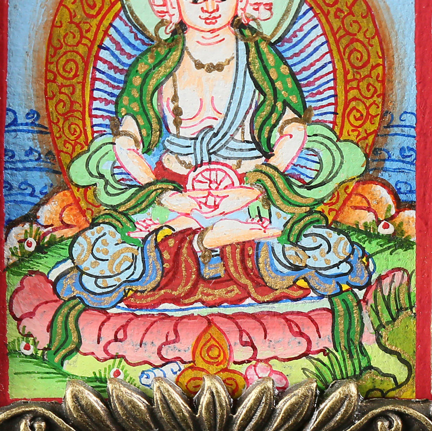 观音殿供奉 藏传彩绘三面佛唐卡平安盒 菩提链 大雄宝殿功德加持