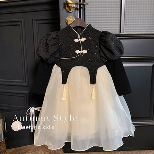 法式女童赫本风公主裙秋装小女孩洋气黑色蓬蓬裙儿童气质礼服裙子