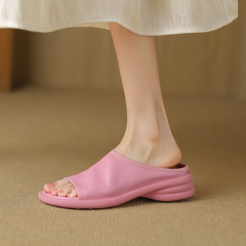 时尚外穿厚底女拖鞋真皮一字型粉色凉拖鞋粗跟松糕底露趾羊皮凉鞋