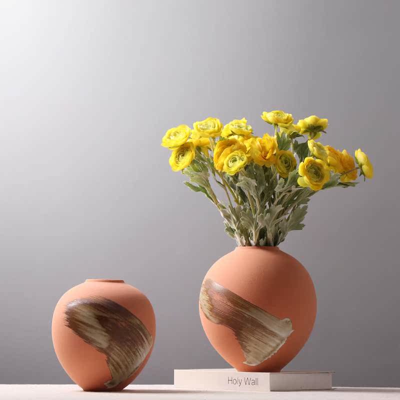 现代简约磨砂手绘陶瓷花瓶酒店插花装饰品摆件橙色圆形罐子北欧