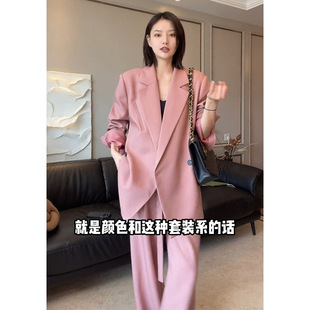 春装大码女装中长款韩版宽松西装套装胖mm设计感西服阔腿裤两件套