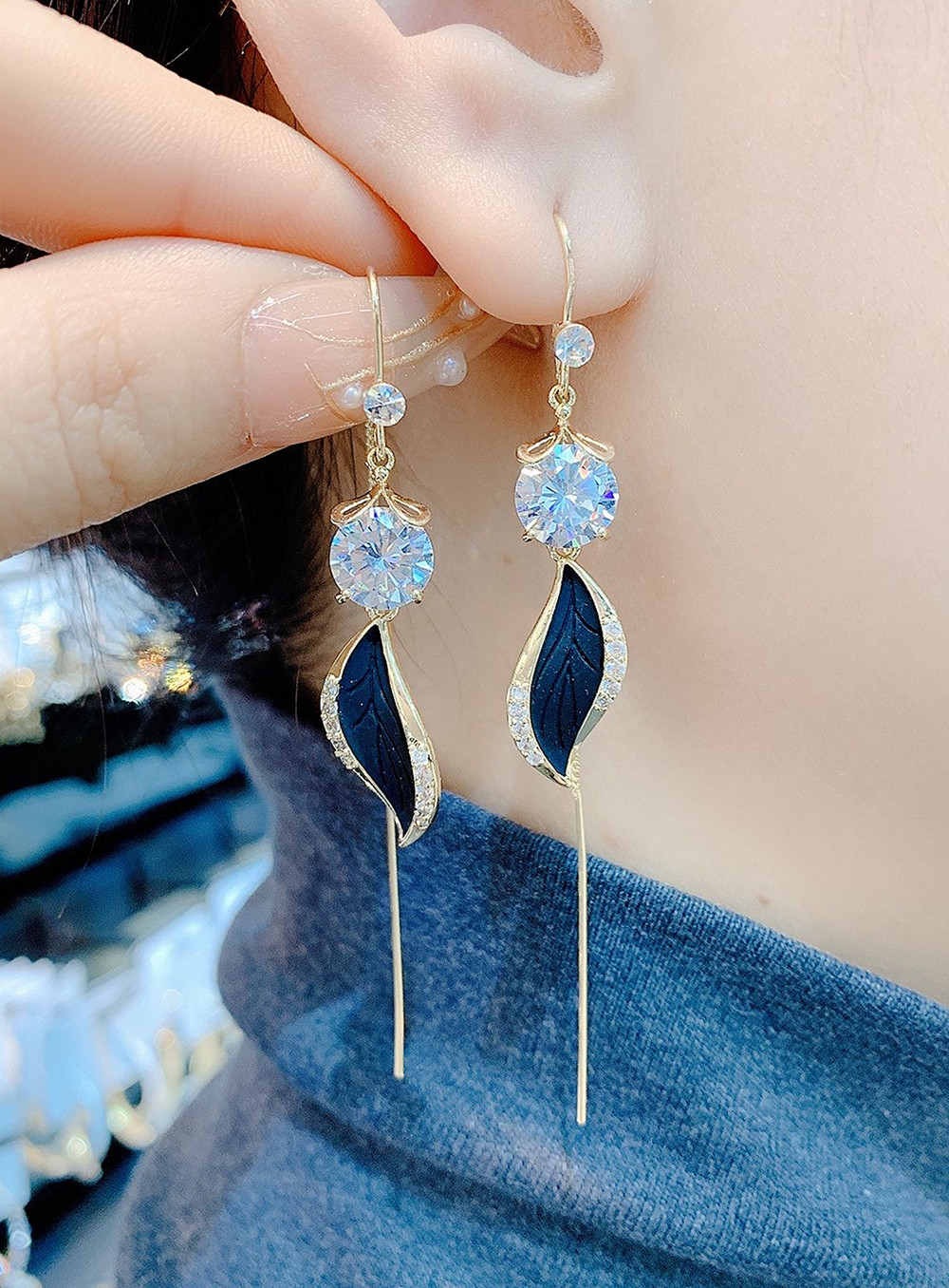 2022年新款韩国气质长款耳环锆石叶子流苏耳线耳坠个性时尚耳饰女