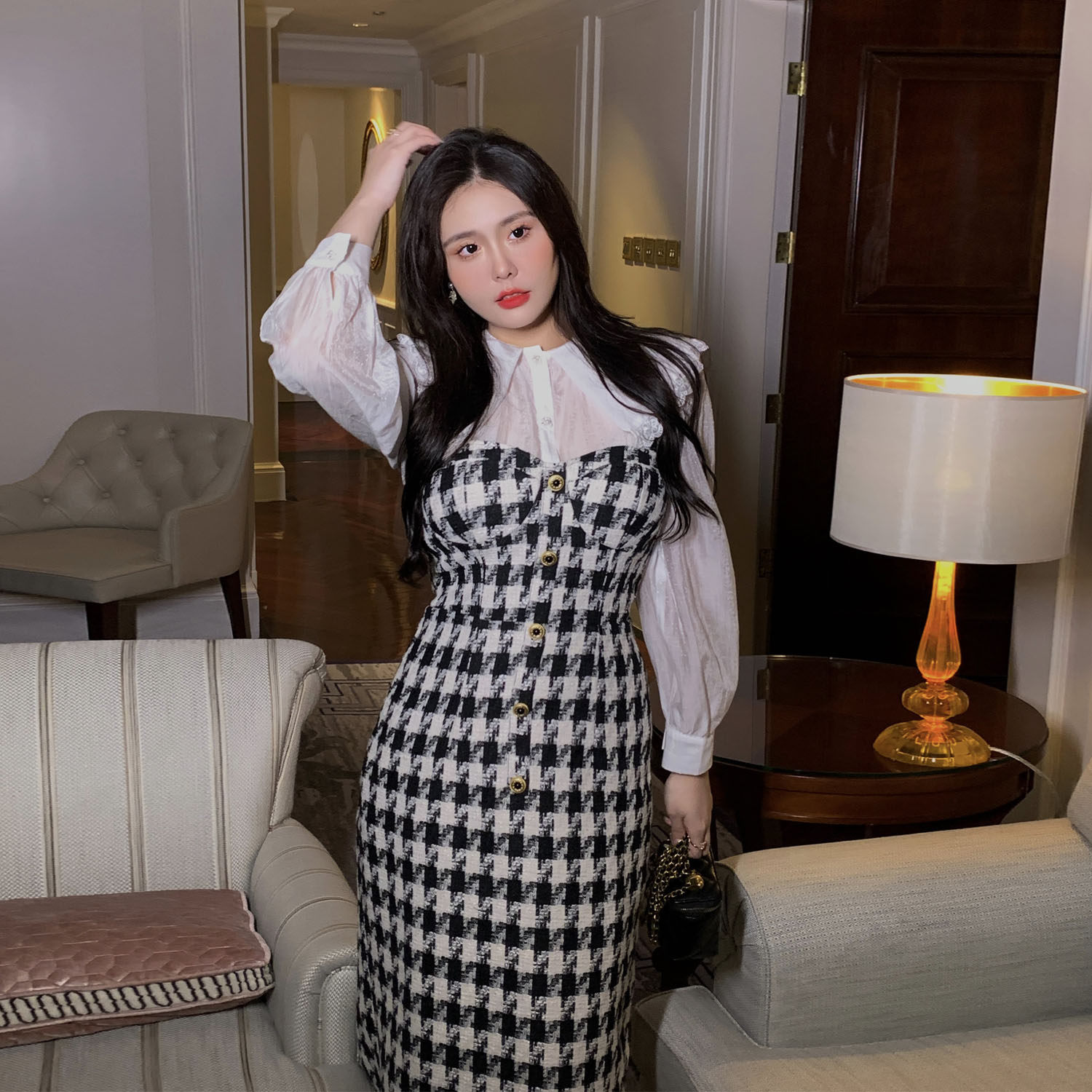 mb大码女装复古气质名媛小香风千鸟格带装裙女富家大码连衣裙