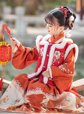 女童汉服红色高端拜年服套装女宝宝古装冬季古风加厚儿童唐装冬装