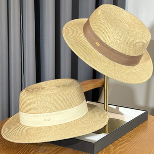 法式优雅简约草帽夏季英伦风平顶帽子女沙滩度假遮阳帽显脸小礼帽