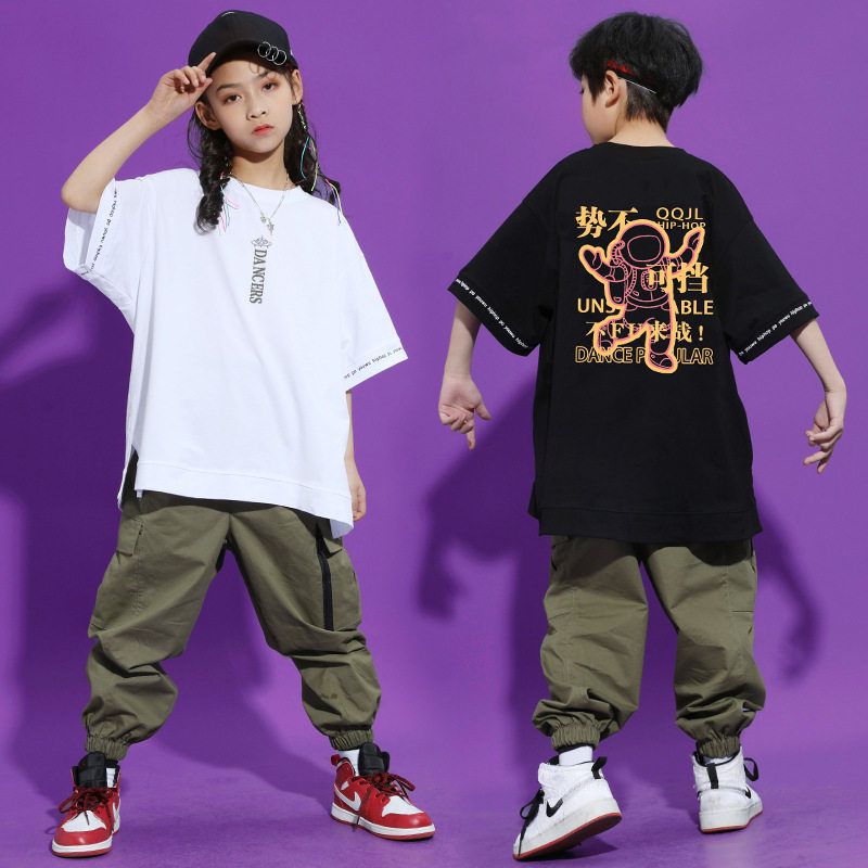 男童街舞套装定制夏季宽松帅气hiphop印字爵士舞演出服装女儿童男